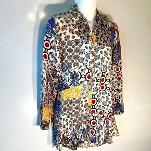 For the Republic SZM Patchwork print button front tunic Preppy Western Boho